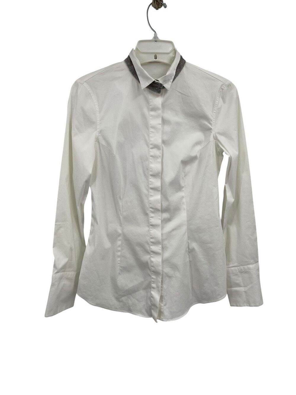 Brunello Cucinelli Blouse White Button Up Cashmere Silver Chain Collar Detail S